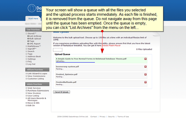 Click Upload; Monitor queue - Archive files online